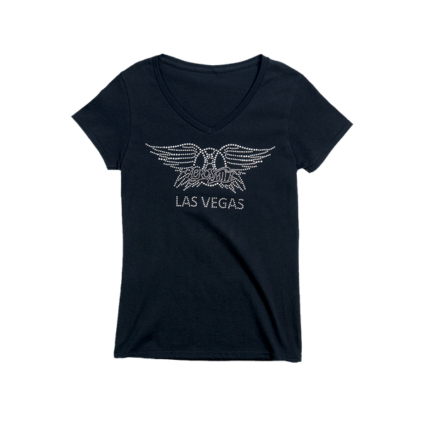 New Women's Las Vegas LV Black T-shirt Top Bling Rhinestones Gold New Size  Large