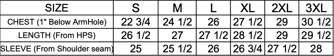 Peace Out Jacket Size Chart